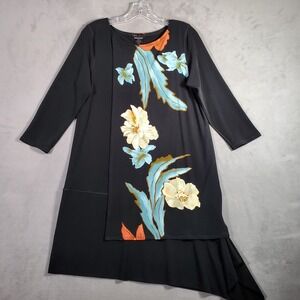Eva Varro Tunic L Black Floral Asymmetrical Hem Layered Art To Wear‎ Dress NEW